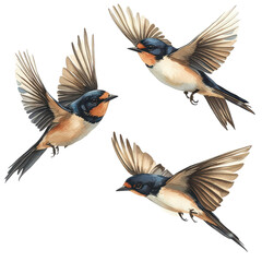 Swallows in mid flight with detailed wingspans isolated on transparent background.