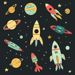 Hand drawn cartoon rockets and colorful planets with stars in outer space flat minimalist vector illustration for kids science and space exploration concept background
