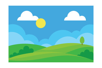 Fototapeta premium Idyllic Landscape Illustration: A vibrant, colorful illustration of a peaceful landscape, featuring rolling green hills, a bright sun, fluffy clouds, and a solitary tree.