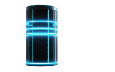 Futuristic server tower with glowing blue lights representing advanced data infrastructure and tech isolated on transparent background PNG
