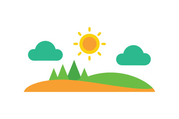 Fototapeta premium Minimalist Landscape Icon: An illustration of landscape featuring hills, trees, clouds and sun.