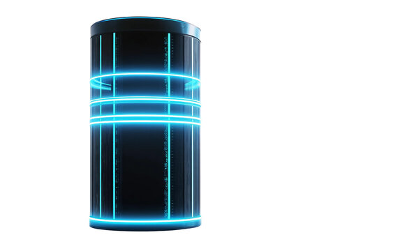 Futuristic server tower with glowing blue lights representing advanced data infrastructure and tech isolated on transparent background PNG