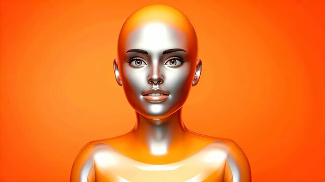 Silver robot head on orange background Female figure with metallic texture