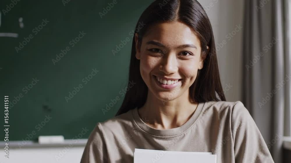 Poster female student standing near blackboard, holding notebook and smiling radiantly while expressing joy