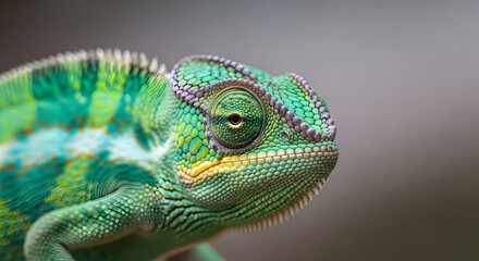Fototapeta premium Close-up of a vibrant green chameleon with striking eyes on a branch, showcasing its unique scales and camouflage in nature