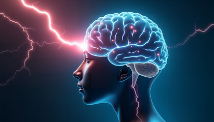 Obraz premium Brain Lightning Concept: Mental Power, Neurology, Intelligence, and Cognitive Function Illustration in Dark Blue and Red Tones