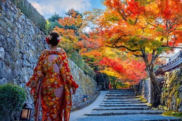 Japanese Woman in Traditional Kimono Dress at Ohara rural town in northern Kyoto. It's one of the...