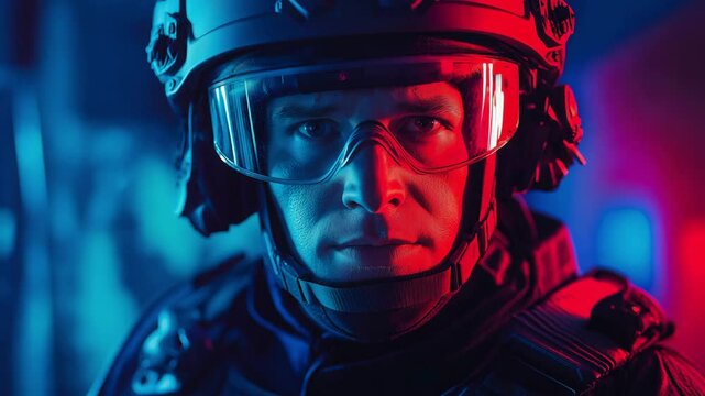 A military operative man stands ready for action, spotlighted by dramatic blue and red lighting within a contemporary urban training facility