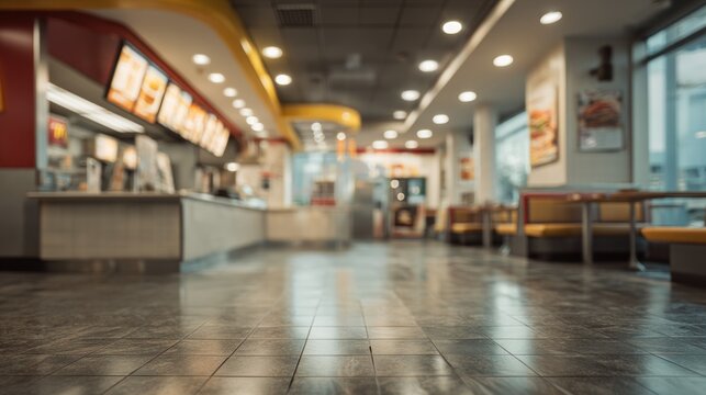 Defocused interior of a brightly lit fast food restaurant with empty floor
