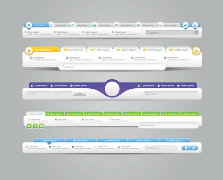 Vector illustration of navigation menu. Horizontal vector menu. UI element. Web Design Menu Navigation Bar Website Header Element Glossy and Matte.