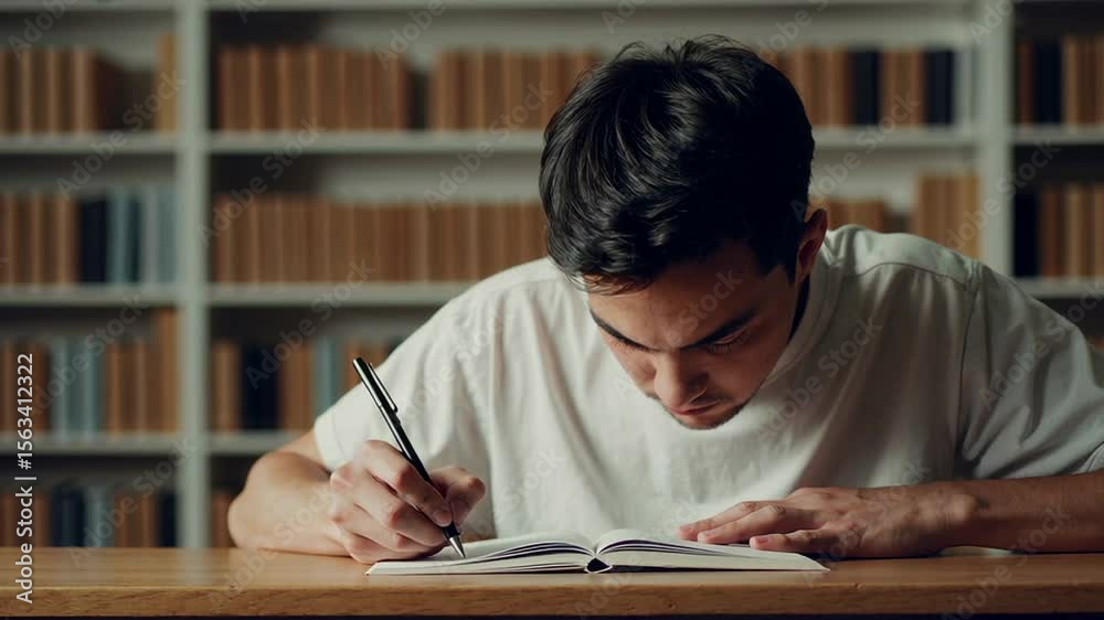 Poster Diligent student studying intensely, taking detailed notes while sitting surrounded by bookshelves, capturing deep concentration and academic dedication in quiet learning environment