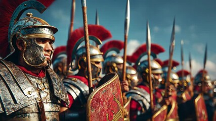 A group of Roman soldiers in armor prepares for battle under a clear blue sky during a historical reenactment event
