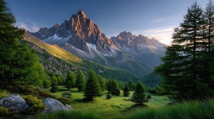 Sunset Glow on Italian Dolomites Peaks with Green Alpine Meadow in Foreground

