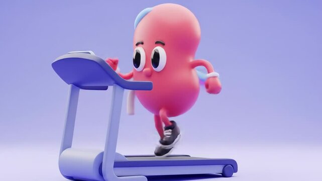 A cartoon kidney character is running on a treadmill, exercising for health and fitness.