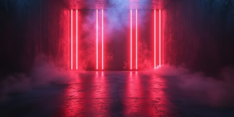 Neon lights illuminate a foggy space creating a dramatic and immersive atmosphere
