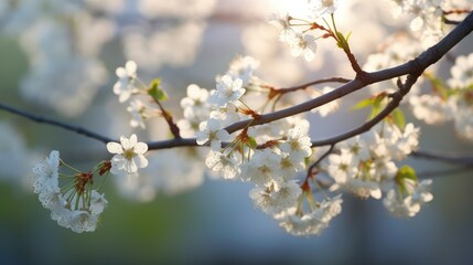 Naklejka premium Pink cherry blossoms bloom beautifully on a branch, showcasing nature's beauty in spring