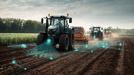 Smart farm tractors networking high resolution photo
