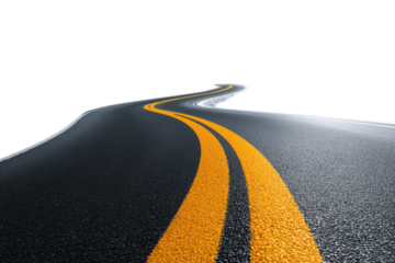 Winding Road Ahead Double Yellow Lines Asphalt Journey Travel Destination isolated on a transparent background