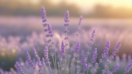 Obraz premium A field of lavender flowers in soft focus with a golden light in the background during the daytime