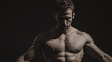 Dramatic lighting unveils the sculpted physique of a muscular man on black