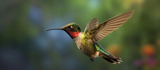 Fototapeta premium Green ruby-throated hummingbird in flight, hovering near a flower, a small avian with ruby wings and a long beak
