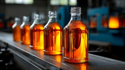 Clear glass bottles filled with amber liquid move along a factory production line