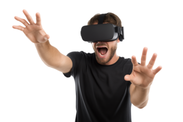  man experiencing virtual reality with excitement  isolated on white background