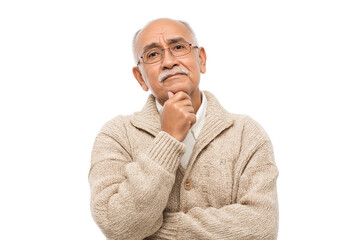  elderly man with eyeglasses looking thoughtful and contemplative  isolated on white background