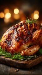 Whole roasted chicken with herbs served on wooden board in a warm, cozy setting