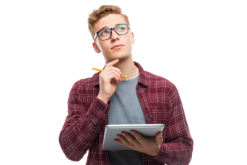 Thoughtful student looking at tablet  isolated on white background