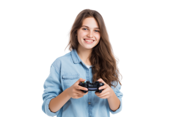 young woman joyfully gaming with game controller in her hands isolated on white background