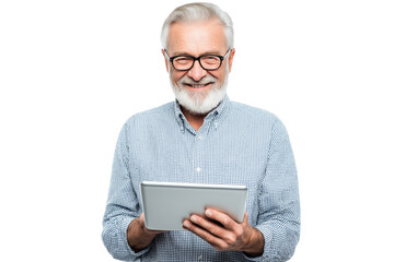 joyful senior with glasses and white beard uses tablet isolated on white background