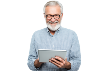  joyful senior with glasses and white beard uses tablet  isolated on white background