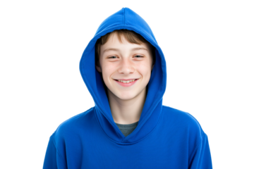 smiling young boy in blue hoodie  isolated on white background