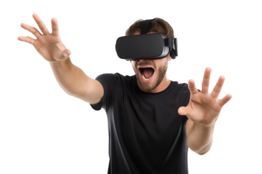  man experiencing virtual reality with excitement  isolated on white background