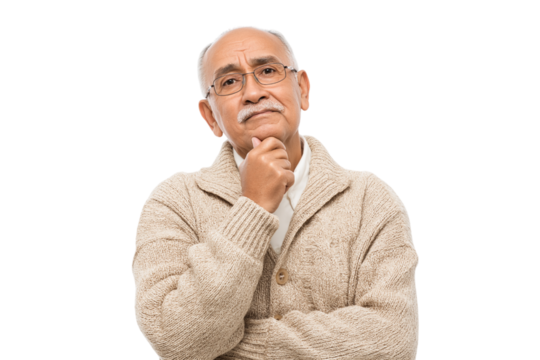  elderly man with eyeglasses looking thoughtful and contemplative  isolated on white background - Powered by Adobe
