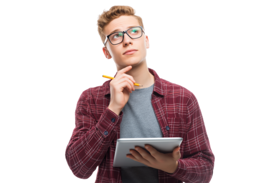 Thoughtful student looking at tablet  isolated on white background
