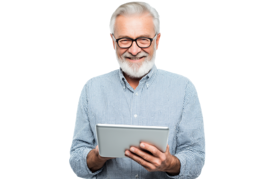  joyful senior with glasses and white beard uses tablet  isolated on white background