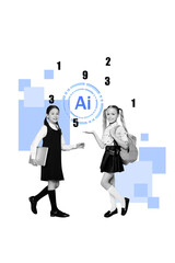 Vertical pop poster banner collage of two happy schoolgirls classmates stand artificial...