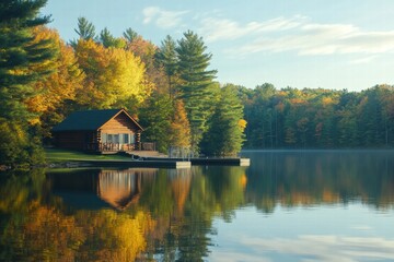Obraz premium Tranquil lake house surrounded by trees at sunset