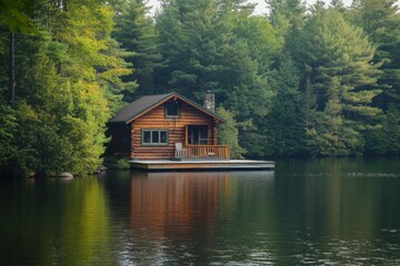 Cabin on the edge of forested lake at dusk