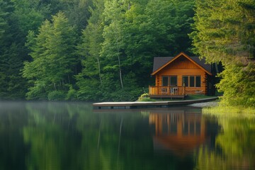 Fototapeta premium Small wooden house surrounded by forest and lake