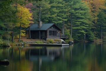 Wooden cabin over still water and dark trees