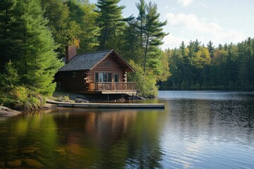 Cozy lake cabin with morning sun and mist
