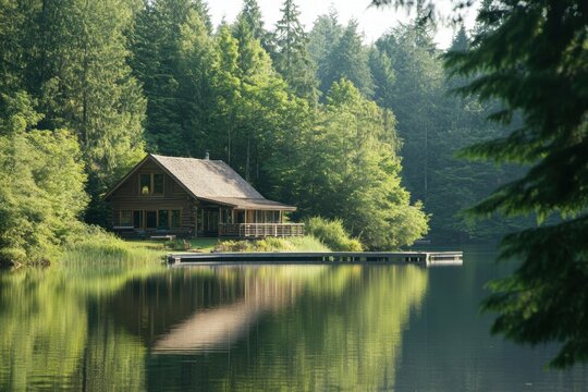 Secluded wooden boathouse in pine forest