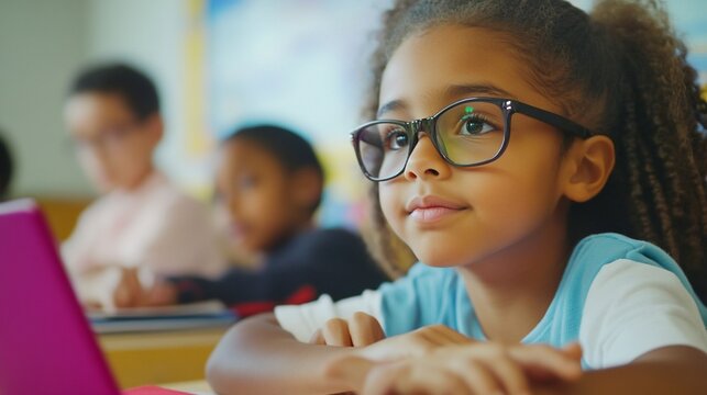 Focused Young Student with Glasses Learning in a Classroom Setting - Powered by Adobe