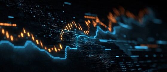Abstract financial graph with rising orange and blue lines against a dark background design element