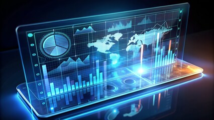 Holographic Business Intelligence Interface with Glowing Graphs and Transparent Screens, High-Tech Laptop Displaying Big Data Dashboard with 3D Graphs, Cyber Technology Concept
