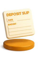 3D rendered deposit slip form icon with text fields for date and amount, isolated on white background. Perfect for finance, banking, and accounting visuals