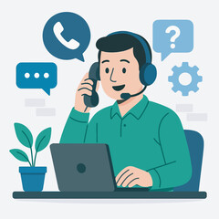 Businessman using a laptop and talking on the phone, illustrating modern business communication and technology in the office